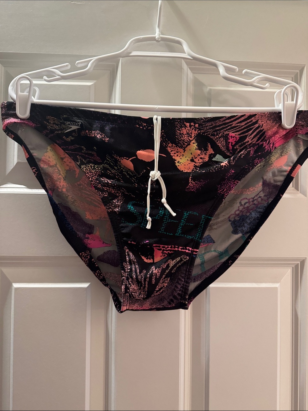 Mens’s Speedo Black Neon Floral Swim Briefs with White Drawstring. Like new.